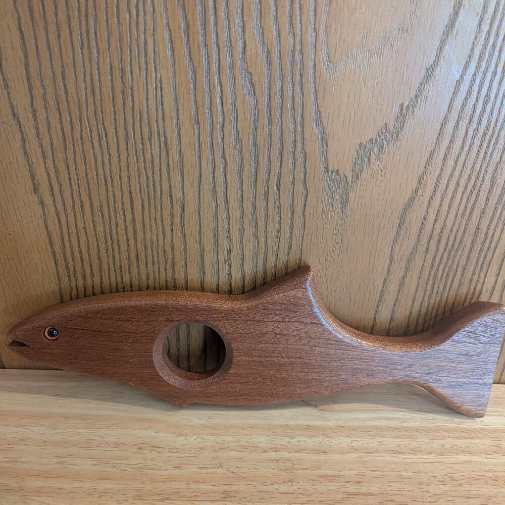 Salmon Fish Wood Wine Horn Holder Floating  Handcrafted Wine Stand Signed